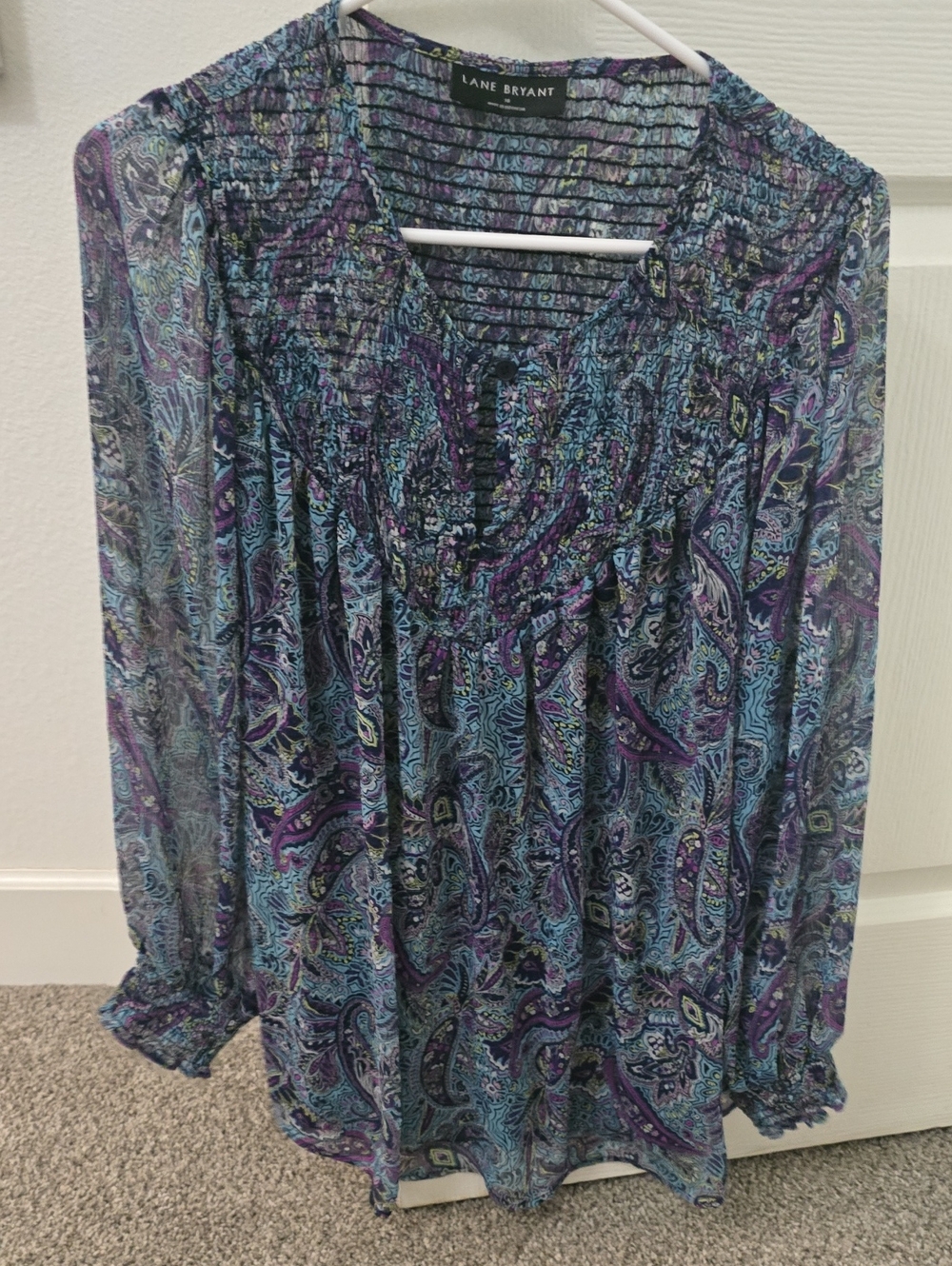 Lane Bryant Purple & Blue Paisley Smocked V-Neck Blouse